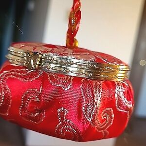 Elegant Red Fabric Round Jewelry Box with Mirror 3" Like New!